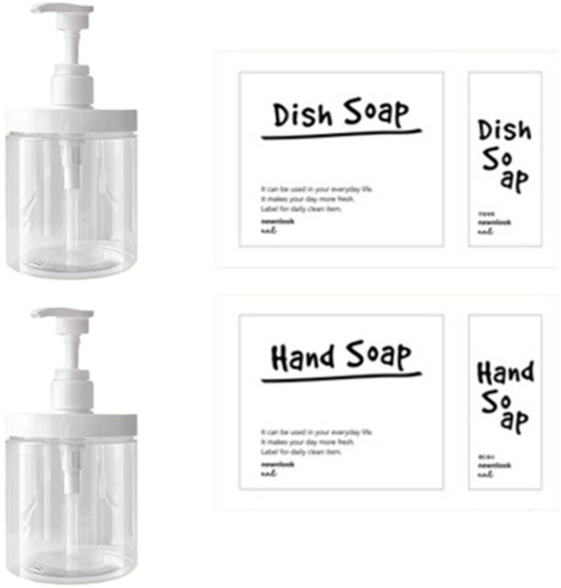 뉴앤룩 와이드 욕실 샴푸 디스펜서 핸드워시 리필용기 500ml x 2p + 핸드라벨 스티커 + 디시라벨 스티커 세트, 투명(리필용기), 1세트