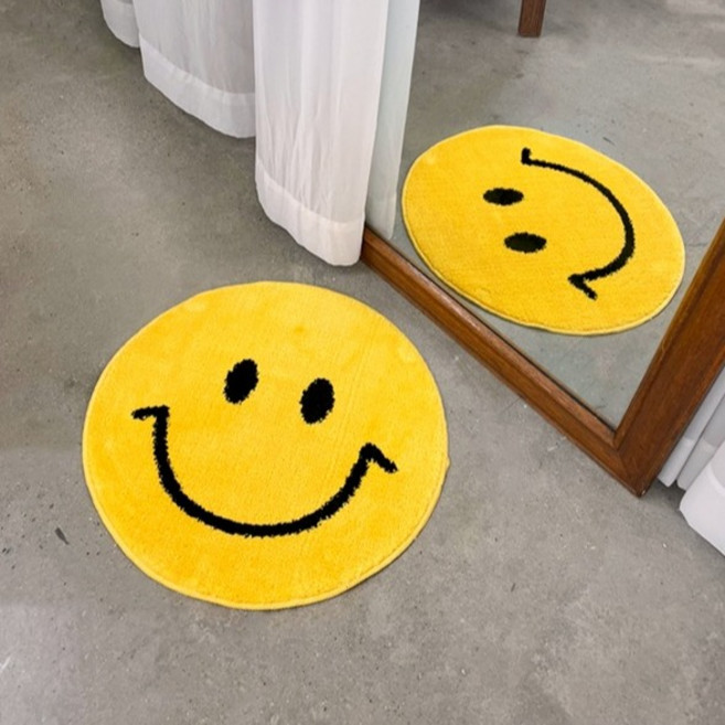 리빙마트 해피 스마일 원형 극세사 매트, 옐로우