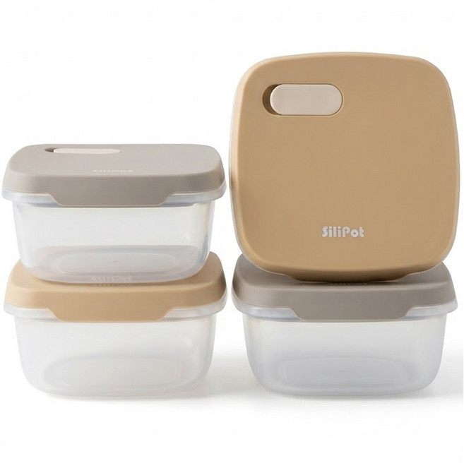 SiliPot 頂級矽膠現代風冷凍飯方形密封容器組, 1套, 370ml x 2種 x 2p