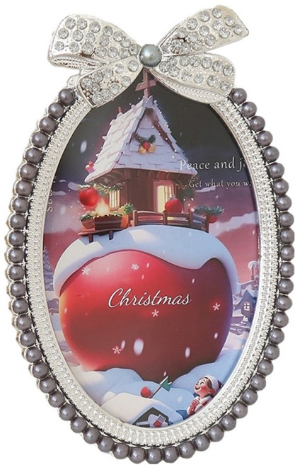 썬앤드림 진주 큐빅 리본 장식 타원형 데코 액자, 1개, 4088 6 그레이