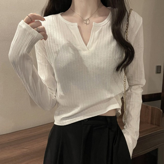 디멜디 여성용 슬림핏 골지 슬릿넥 데일리 긴팔티셔츠