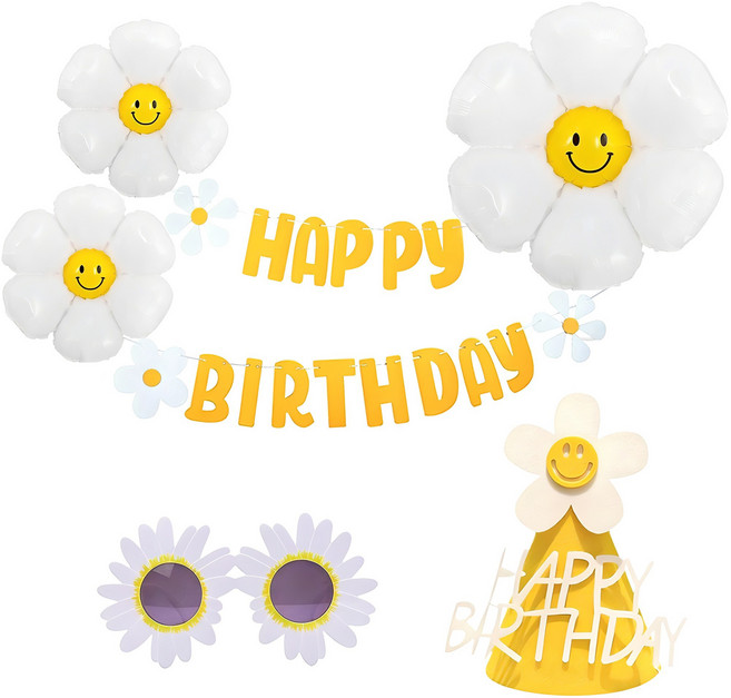 올리브파티 데이지 생일파티 펠트 가랜드 + 풍선 + 모자 + 안경 세트, 옐로우, 1세트