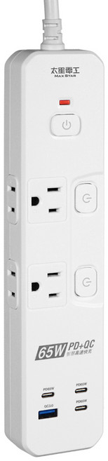 MAX STAR 太星電工 速充寶PD65W氮化鎵三開四插快充電腦線 2P + 3P OSA34304, 120cm, 白色, 1個