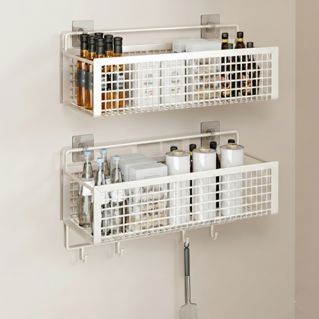 ROI라이프 무펀치 녹방지 벽걸이 2칸 걸이형 + 후크형 바구니 세트, 화이트, 1세트