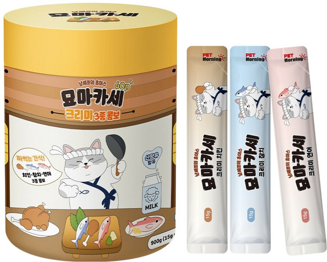 펫모닝 고양이 묘마카세 크리미 짜먹는 간식 60p, 1개, 900g, 혼합맛(치킨/참치/연어)