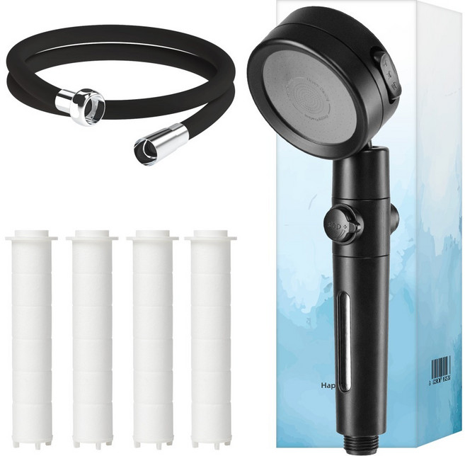 해피달링 3단조절 온오프 필터 샤워기 헤드 필터 5p 호스, 블랙, 1개