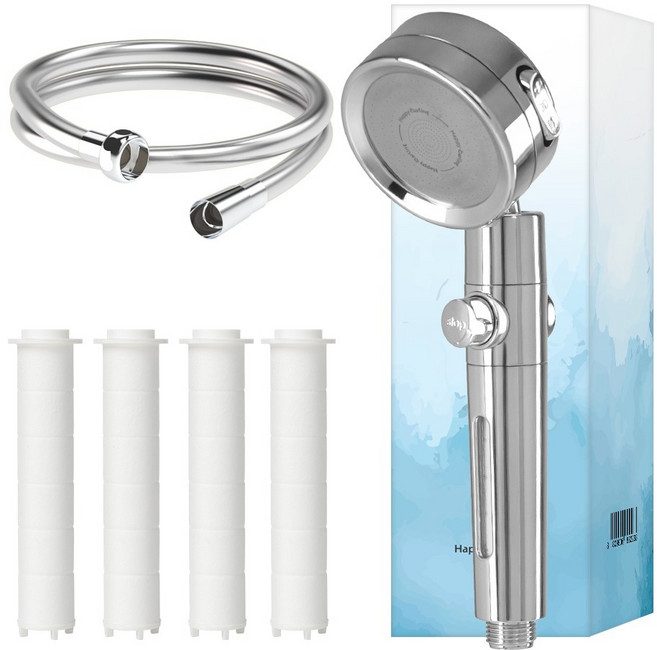 해피달링 3단조절 온오프 필터 샤워기 헤드 필터 5p 호스, 실버, 1개