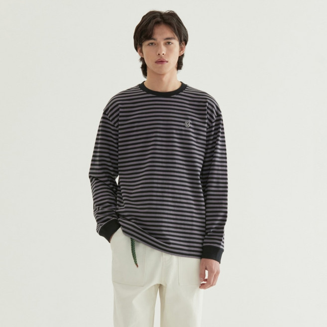 Covernat 男女通用 基本款條紋長袖T恤, 黑色