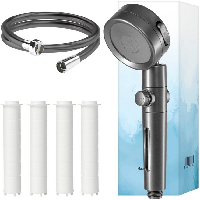 해피달링 3단조절 온오프 필터 샤워기 헤드 필터 5p 호스, 그레이, 1개