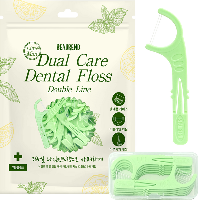 뷰렌드 듀얼 덴탈 케어 라임민트 2줄형 치실, 1개, 365개입, 8cm