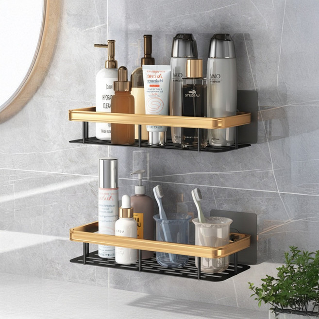 앞날창창 욕실 벽걸이 정리 선반, 골드, 2개
