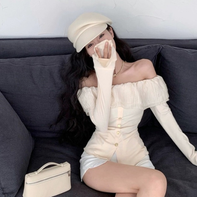 피어니스트 여성용 러블리 프릴 포인트 오프숄더 단추 티셔츠