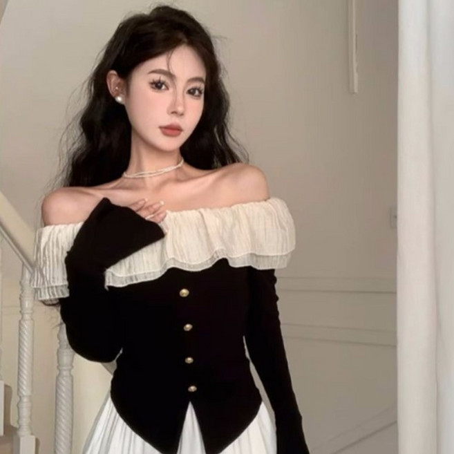 피어니스트 여성용 러블리 프릴 포인트 오프숄더 단추 티셔츠