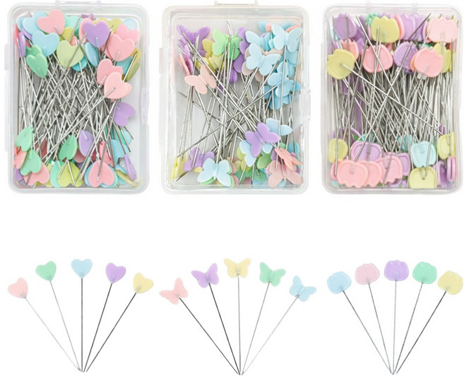 코오미 파스텔톤 손잡이가 있는 시침핀 하트 100p + 나비 100p + 튤립 100p 세트 6W0035, 300개, 혼합색상