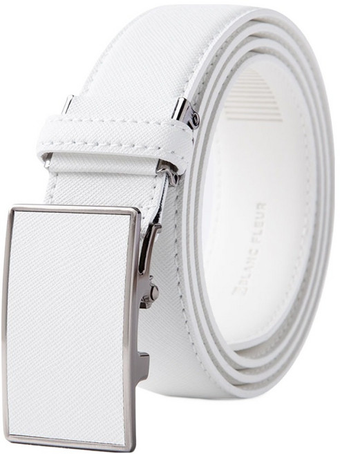 BLANC FLEUR 牛皮縫線方形飾片高爾夫皮帶, 白色, 1個