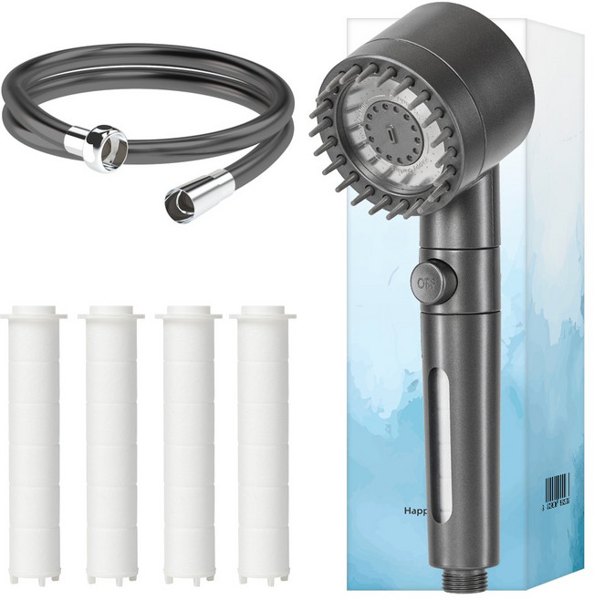 해피달링 고압 수압상승 필터 샤워기 헤드 + 필터 5p + 호스 세트, 그레이(샤워기 헤드), 1세트
