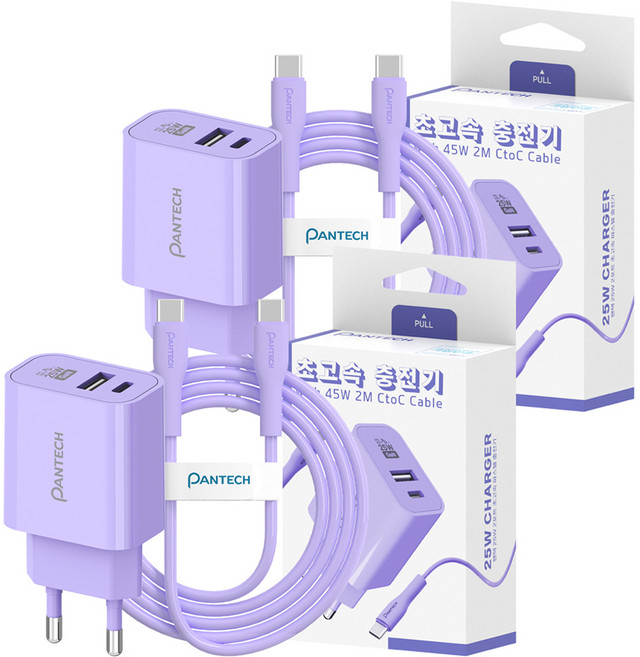 팬택 2포트 파스텔 C타입 고속충전기 25W + C타입 케이블 45W 2m 세트, 2세트, 퍼플
