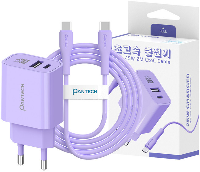 팬택 2포트 파스텔 C타입 고속충전기 25W + C타입 케이블 45W 2m 세트, 1세트, 퍼플