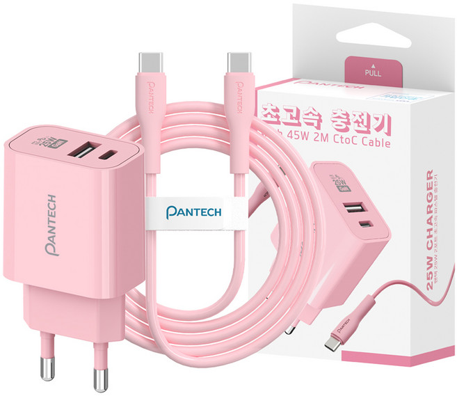 팬택 2포트 파스텔 C타입 고속충전기 25W + C타입 케이블 45W 2m 세트, 1세트, 핑크