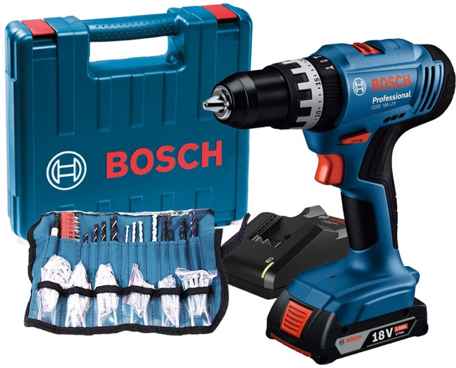 보쉬 18V 임팩 해머 전동드릴 + 2.0Ah 배터리 + 액세서리 100p 세트 GSB 18V-25, 1세트