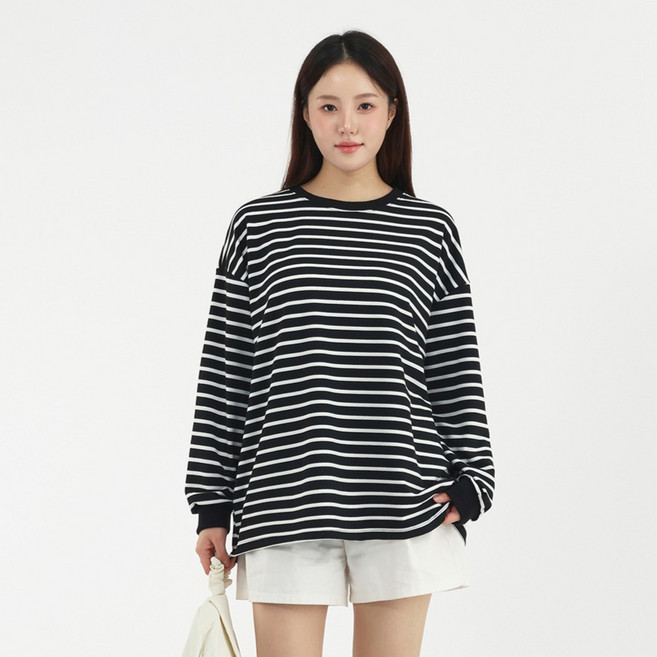 엘쏘 여성용 루즈핏 라운드넥 스트라이프 단가라 긴팔 티셔츠