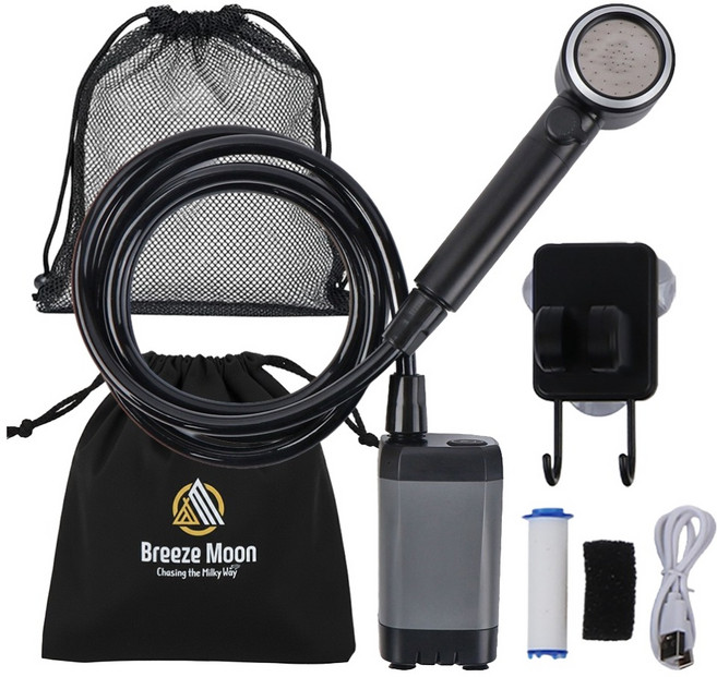 브리즈문 2세대 무선 캠핑 충전식 휴대용 워터 샤워기 풀세트, 블랙, 1세트