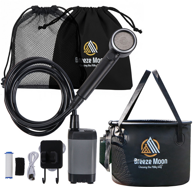 브리즈문 2세대 무선 캠핑 충전식 휴대용 워터 샤워기 + 3종 설거지통 30L 세트, 블랙 + 그레이(워터 펌프), 모던블랙(설거지통), 1세트