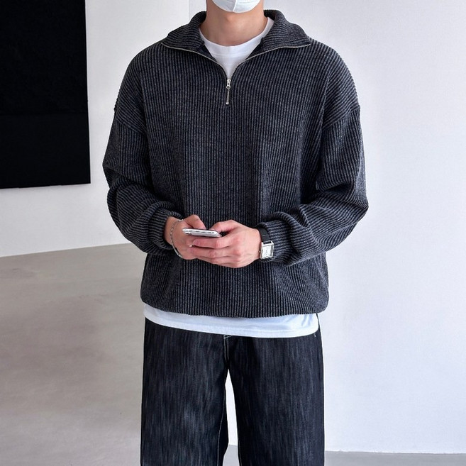 EV CLOSET 男士羅紋寬鬆版型半拉鍊長袖針織衫 6320-1