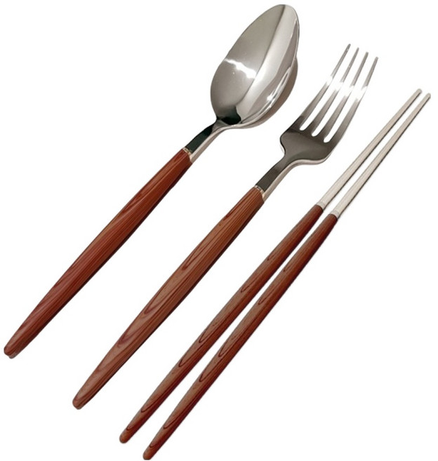 우드핸들 스텐 양식 커트러리 3종 세트, 브라운, 1세트, 숟가락 + 젓가락 + 포크