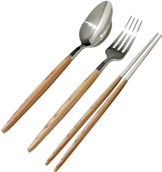 우드핸들 스텐 양식 커트러리 3종 세트, 베이지, 1세트, 숟가락 + 젓가락 + 포크
