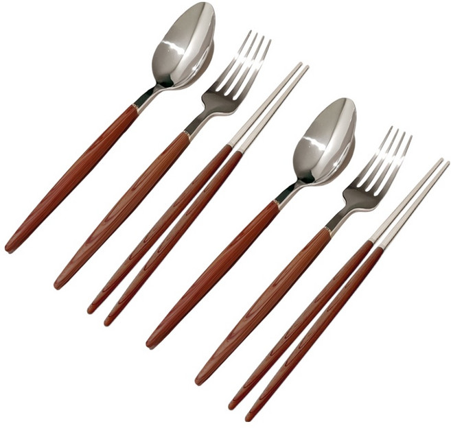 우드핸들 스텐 양식 커트러리 3종 세트, 브라운, 2세트, 숟가락 + 젓가락 + 포크