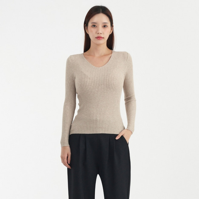 엘쏘 여성용 브이넥 골지 슬림핏 긴팔 니트