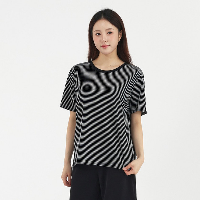 엘쏘 여성용 파스텔 스트라이프 코튼 라운드 반팔 티셔츠