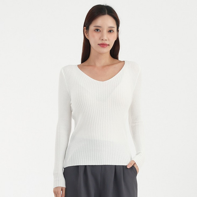 엘쏘 여성용 브이넥 골지 슬림핏 긴팔 니트