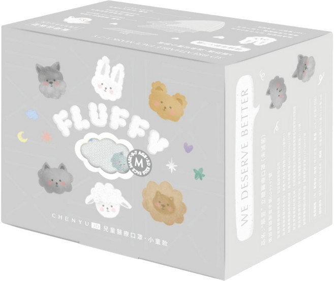 CHENYU 辰昱 小童款 Fluffy系列 3D醫療透氣口罩 3~7歲, 30個, 1盒, 親切的小貓