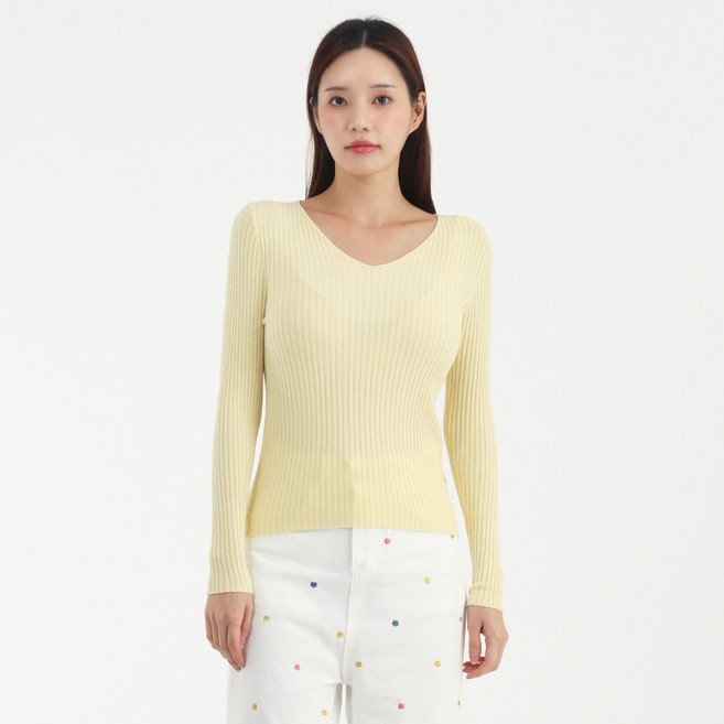 엘쏘 여성용 브이넥 골지 슬림핏 긴팔 니트