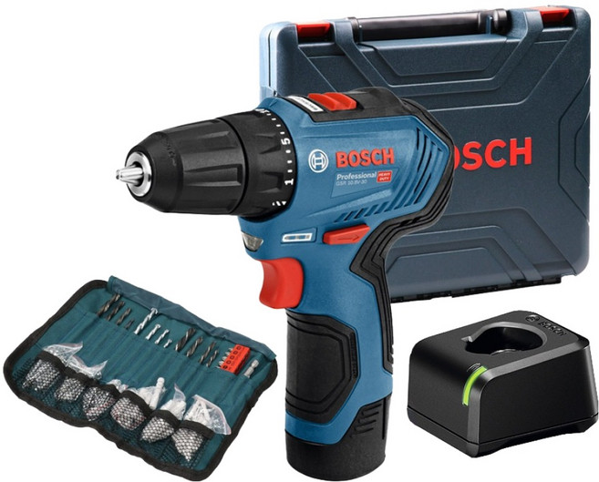 보쉬 브러쉬리스 컴팩트 충전 전동드릴 GSR 10.8V-30 + 2.0Ah 배터리 + 액세서리 100p 세트, 1세트