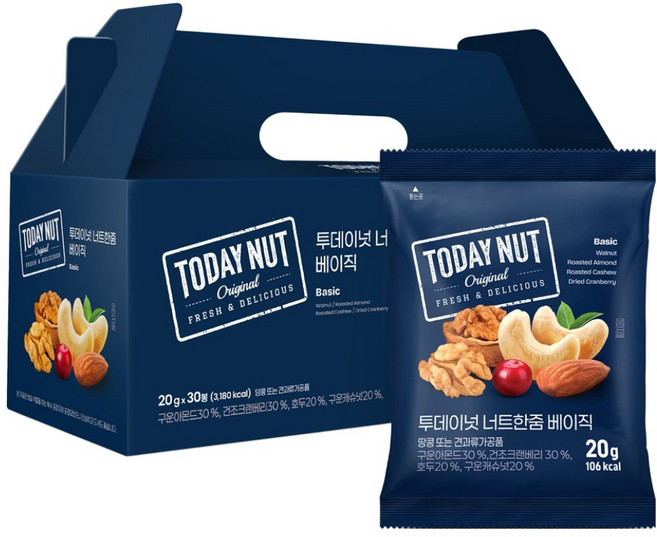 투데이넛 너트한줌 베이직 믹스넛 20g, 30개