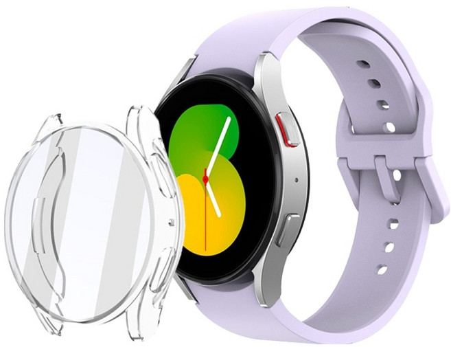 Lightom 矽膠錶帶 20mm + 螢幕保護全包覆保護殼 44mm 套組, 薰衣草紫, 1套