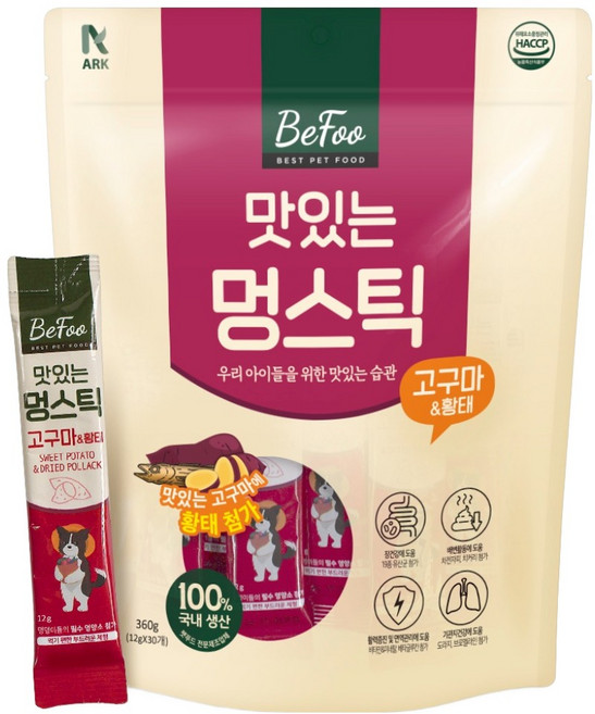 베푸 강아지 아크펫푸드 맛있는 멍스틱 짜먹는 파우치, 혼합맛(고구마/황태), 360g, 1개