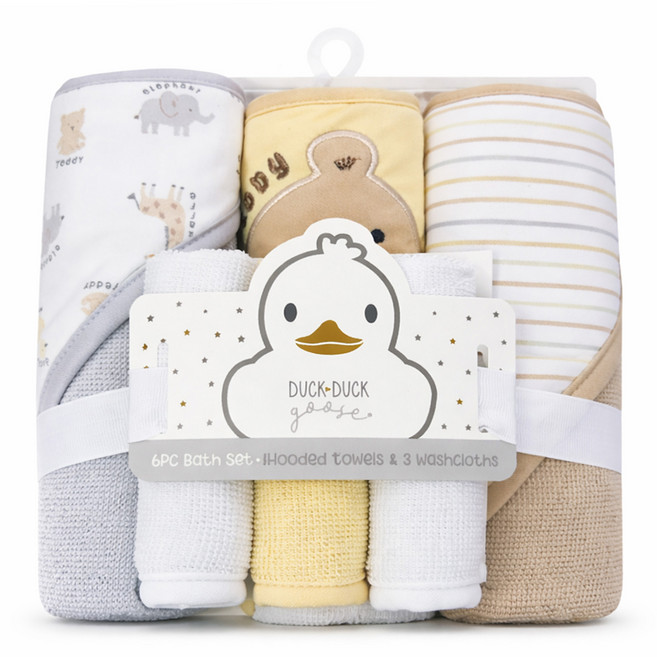DUCK DUCK goose 新生兒浴包巾小方巾 小方巾 3個 + 浴包巾 3個, 黃小熊 + 英文動物, 1套