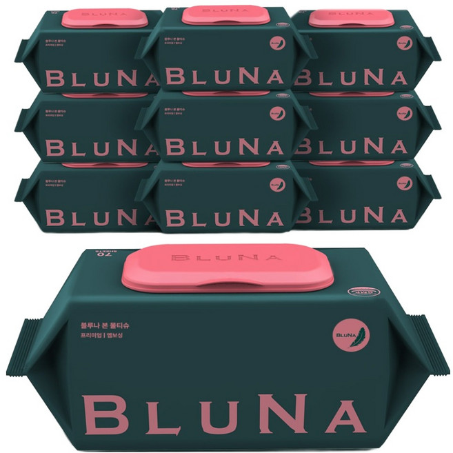 블루나 본 프리미엄 고평량 엠보싱 물티슈 캡형, 75g, 70매, 10개