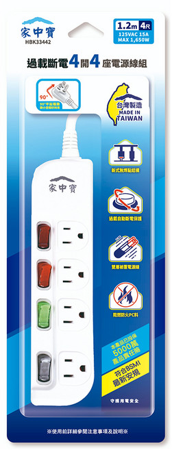 家中寶 過載斷電4開4座電源線 HBK33442, 白色, 1個, 1.2m