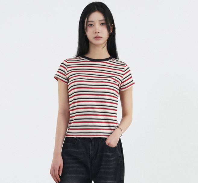 엘쏘 여성용 스트라이프 반팔 슬림핏 티셔츠