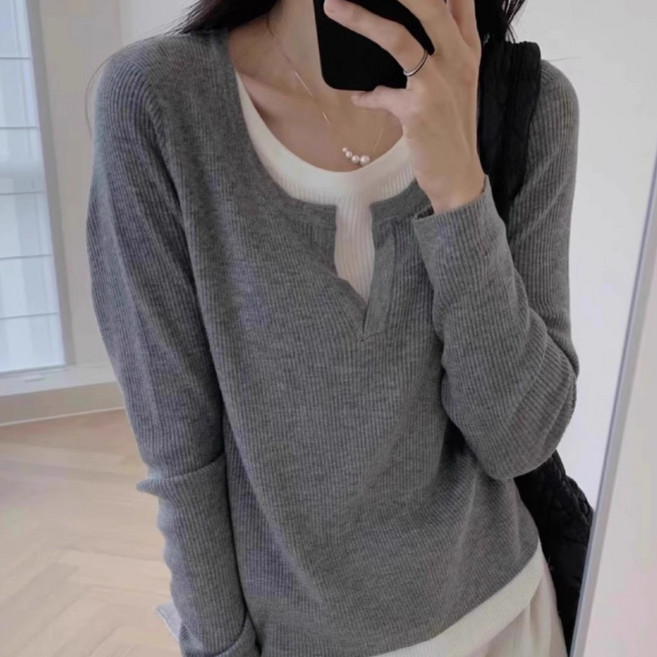 여신 여성용 페이크 투피스 라운드넥 티셔츠