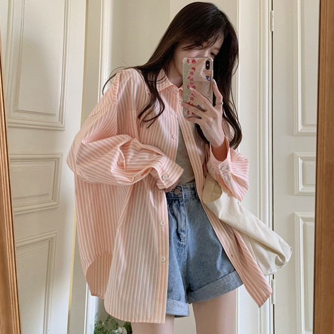 DMELD 女款條紋翻領寬鬆長袖襯衫