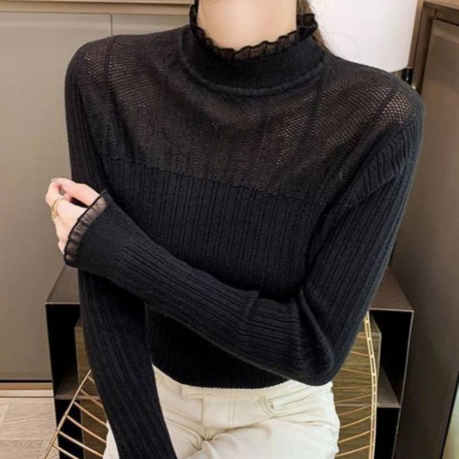 반야스토리 여성용 간절기 프릴 반목 시스루 슬림핏 니트 SS137