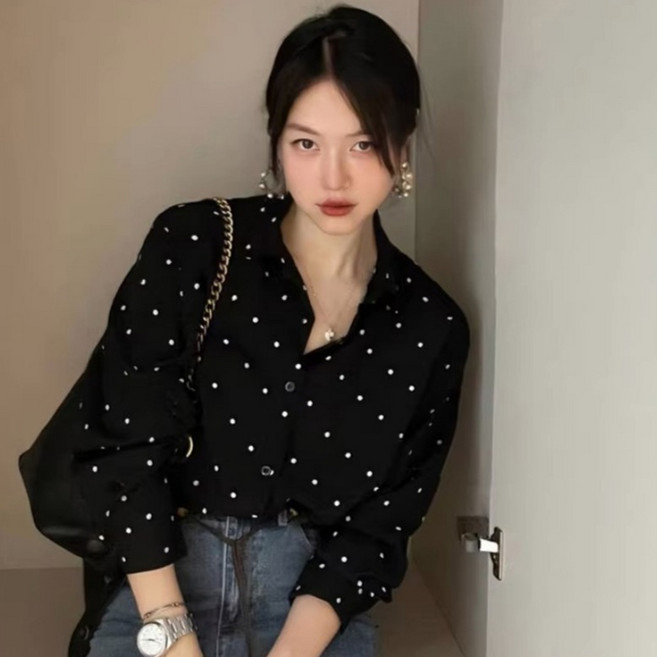 DMELD 女款圓點圖案層次感長袖襯衫