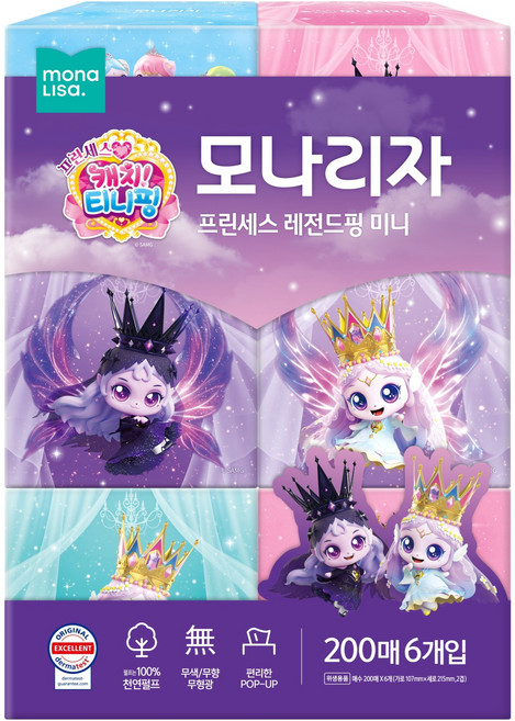 티니핑 모나리자 프린세스 티니핑 레전드핑 천연펄프 미니 미용티슈 2겹, 6개, 200매