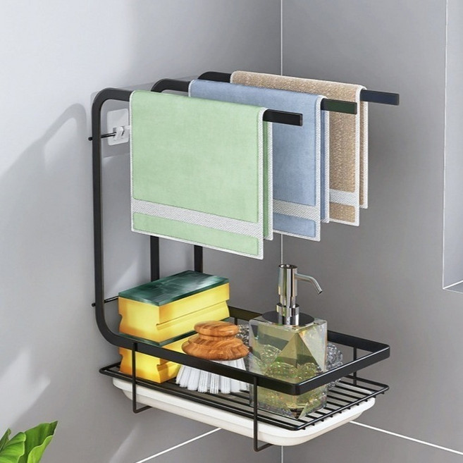 피앤케이 스텐 주방 행주걸이 벽걸이 싱크대 건조 거치대, 블랙, 1개